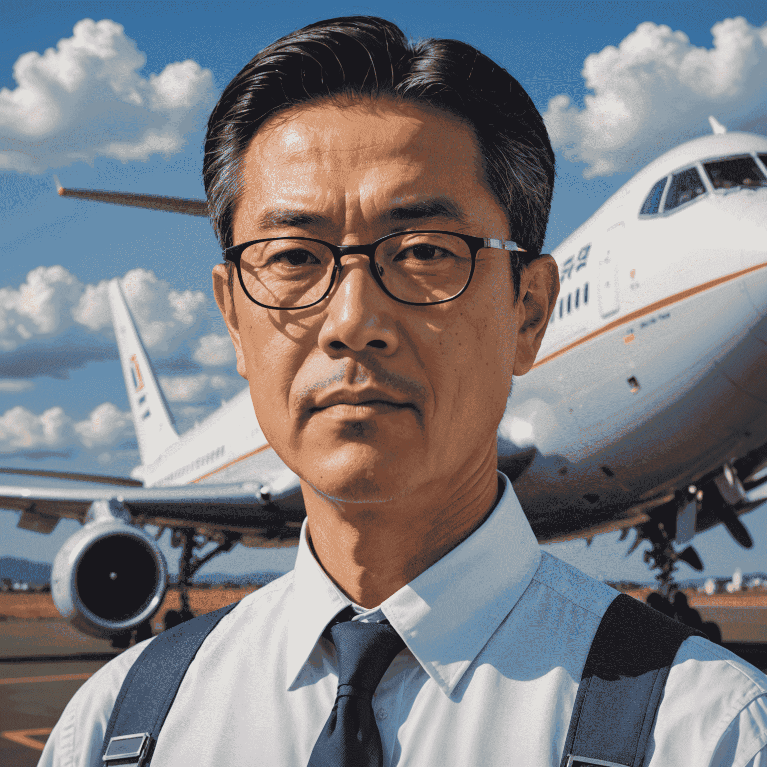 航空機エンジニアの山田太郎の肖像画。50代の男性で、眼鏡をかけ、真剣な表情をしている。