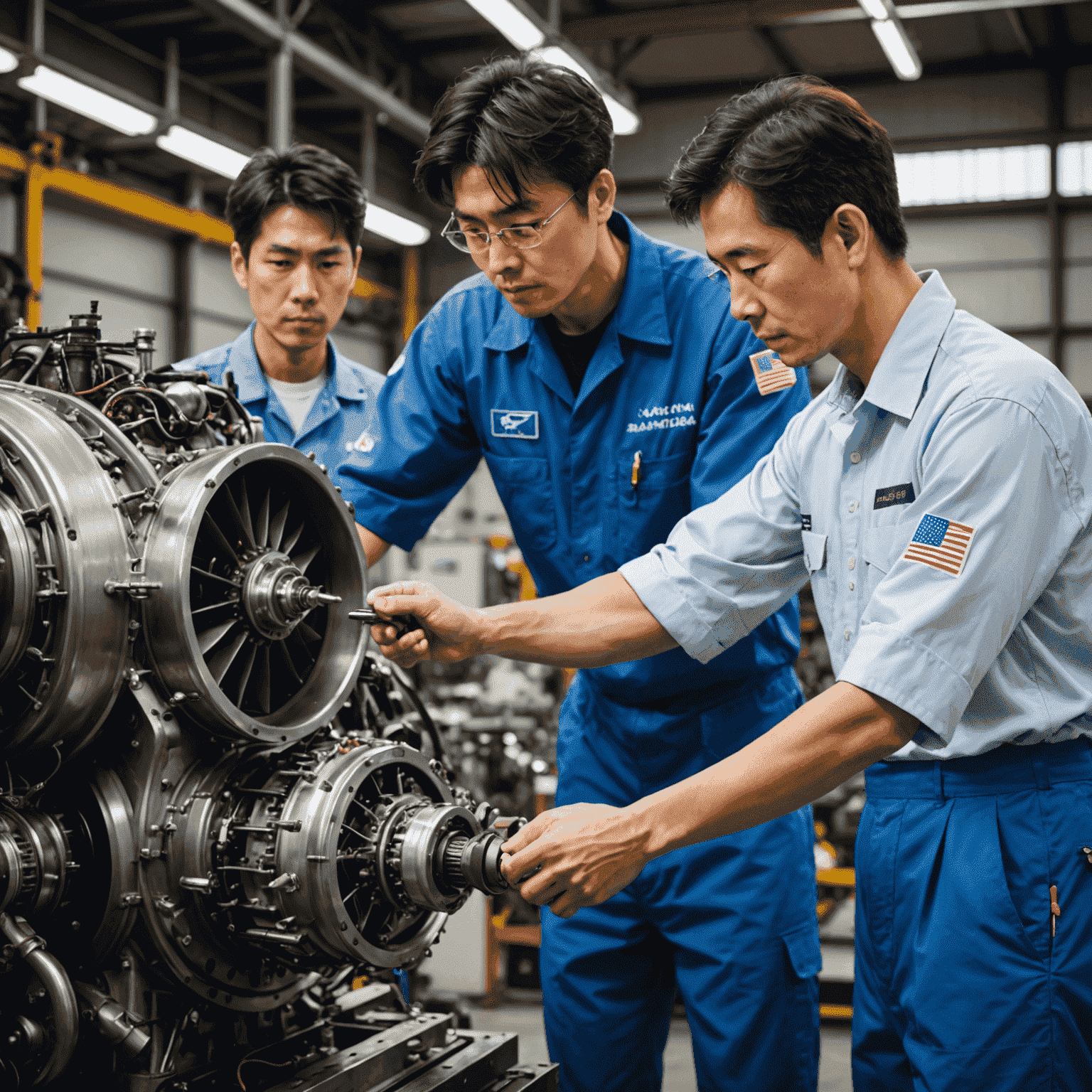 日本とアメリカの航空機エンジニアたちが協力して作業している様子。国際的な技術交流の象徴的な場面。